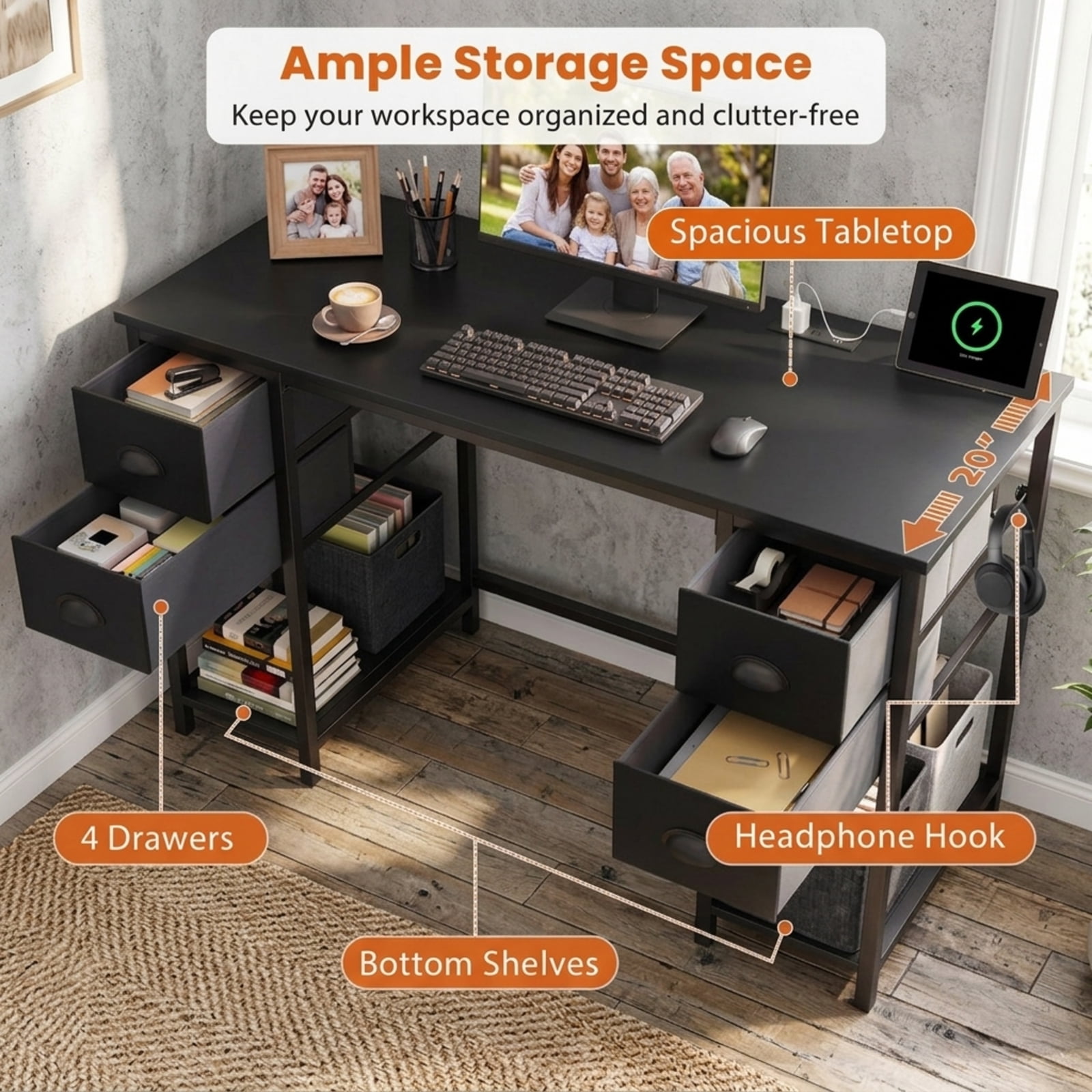 Furnibear 48 Inch Computer Desk with Power Outlet, Home Office Desk with 4 Fabric Drawers and Storage Shelves for Study, Black
