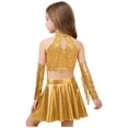 thumbnail image 2 of TTAO Kids Girls Disco Latin Hip Hop Jazz Dance Outfit Sequin Dance Crop Top Metallic Skater Skirt with Gloves Gold 12, 2 of 7