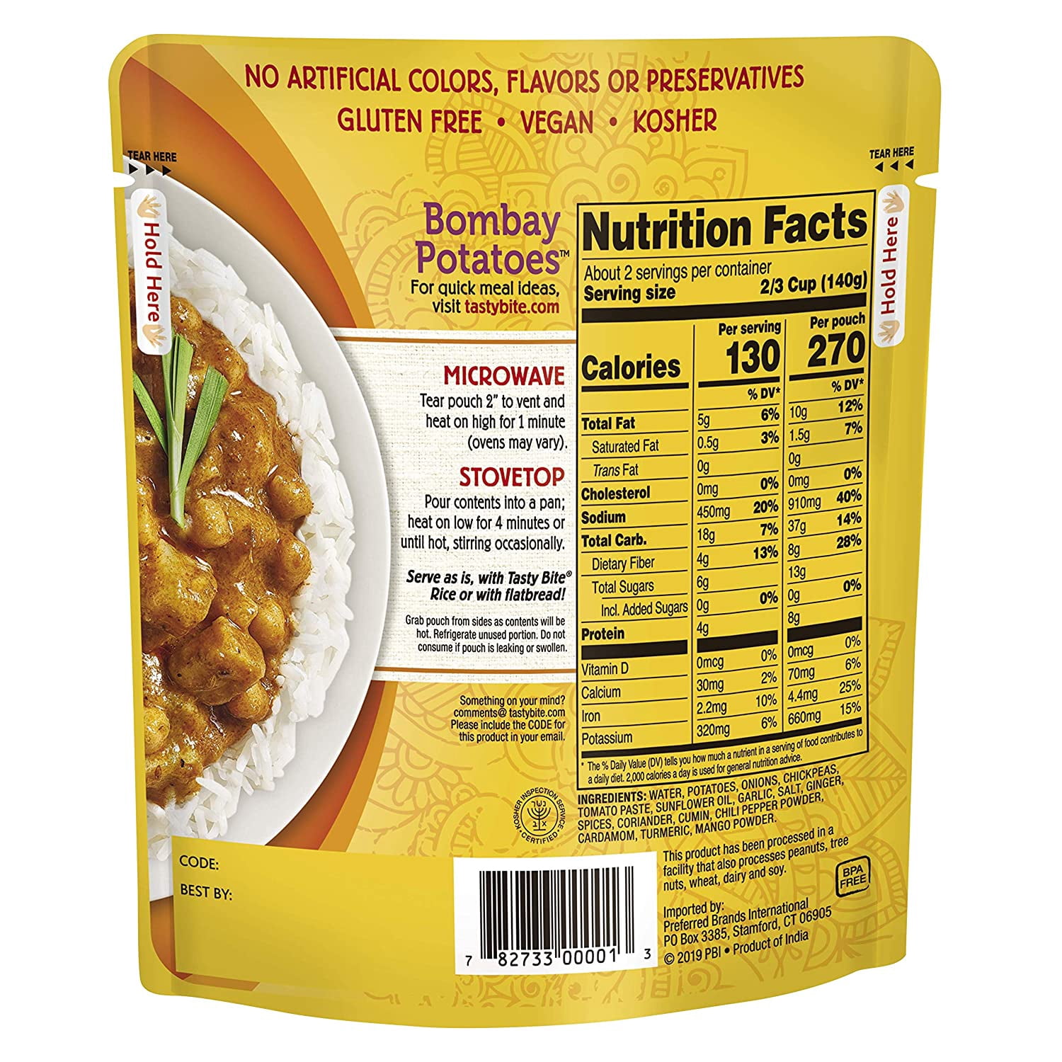 Tasty Bite Indian Bombay Potatoes, Microwaveable Ready to Eat Entr?e, 10 Ounce (Pack of 6)