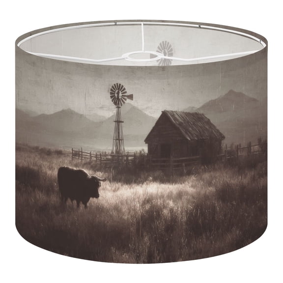 Rustic Farmhouse Linen Drum Lampshades Sepia Country Landscape Canvas Highland Cow Barn Windmill 13"x13"x10" Light Shade for Table Lamps Floor Lamp Shades Lampshade Replacement Assembly Required