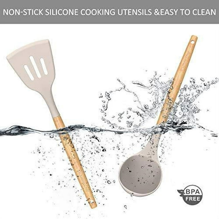  23 PCS Kitchen Utensils Set, Kikcoin Wood Handle Silicone  Cooking Utensils Set with Holder, Spatulas Silicone Heat Resistant Cooking  Gadgets for Nonstick Cookware, Grey : Home & Kitchen