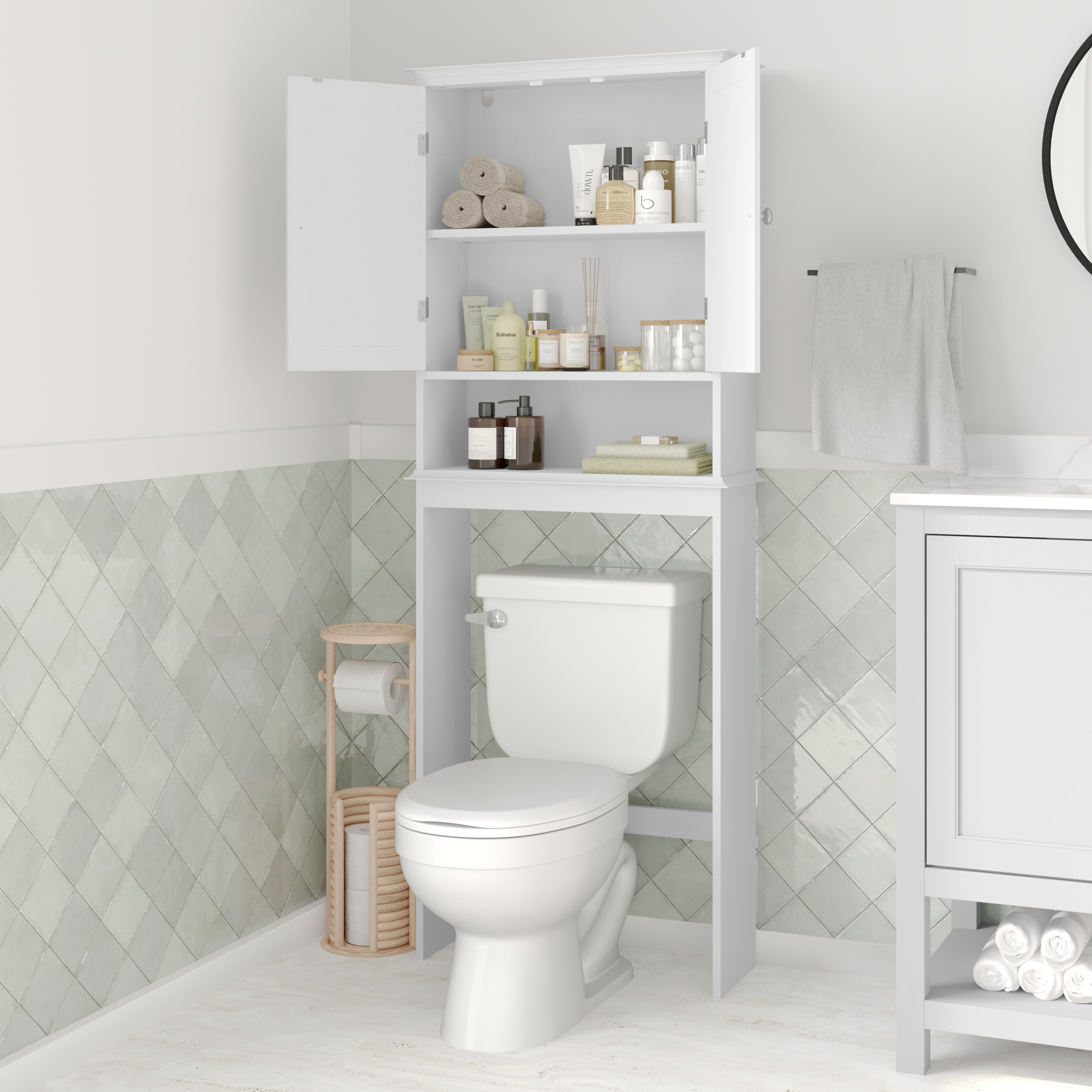 Merrick Lane Over the Toilet Bathroom Organizer with Shelves and Magnetic Closure Doors in White