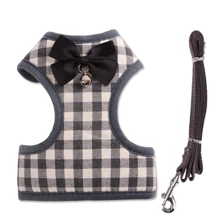 Rantow Heavy Duty Pet Dog Harness Vest + Pet Dogs Leash - Classic Plaid Puppy Harness Kitty Lead Rope Set for Small Dogs Big Cats - With Cute Bow Tie & Bell, Grey M