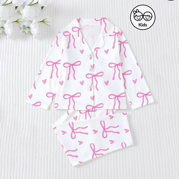 LEKWK 3 Piece Girls Bow Printed Pajamas Long Sleeve Button Down Tops and Pants Teen Cute Soft Silk Pjs Fashion Casual Home Sleep Loungewear