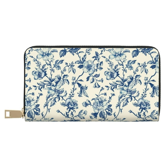 Leather Thin Slim Wallets for Women Men - Vintage Blue Floral Clutch Card Wallet for Women Men with Zipper