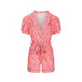 thumbnail image 4 of Mqqzkk Women's Lace Up Waist Rompers Floral Printed Short Sleeve Crew Neck Stretchy Jumpsuits Wide leg Outfit with Pockets, 4 of 9
