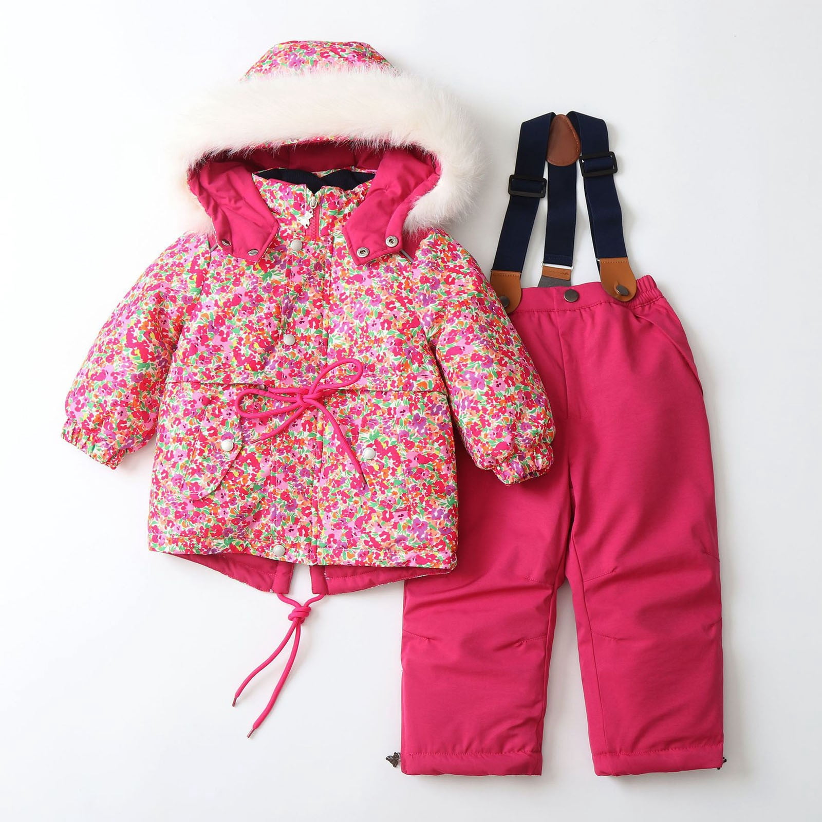 Caqnni Toddler Boys Girls Outwear Snowsuit Winter Clothes Outfits Kids Coats Snow Jumpsuit And Jacket 2PCS Set Snowsuit Winter Warm Outfit Sets (A05-Pink,4-5 Years)