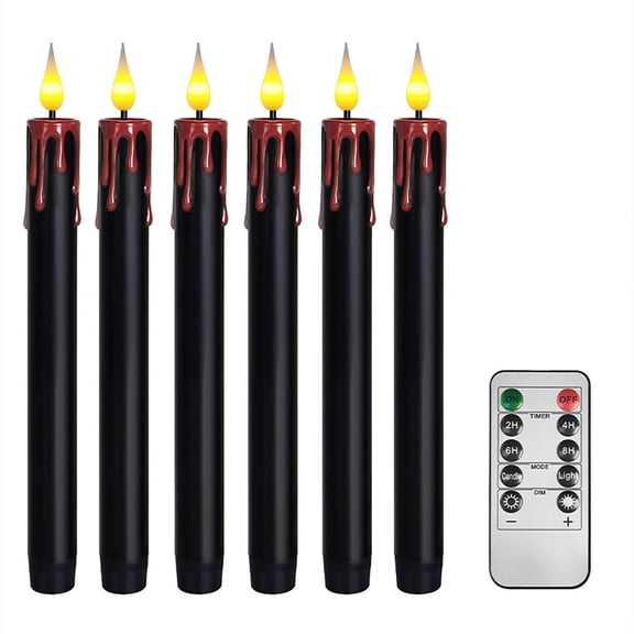 6 Pack Flameless Flickering Taper Candles with Remote, 9.8 Inch Battery Operated LED Candles Timer, Plastic 3D-Wick Dripping-Wax Effect Flameless Candlesticks for Halloween Dinner Decoration Indoor