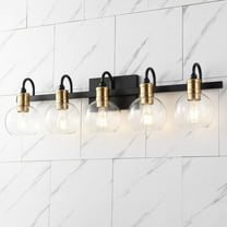 JONATHAN Y Marais 36.5" 5-Light Iron/Glass Rustic Vintage LED Vanity Light, Black/Brass Gold