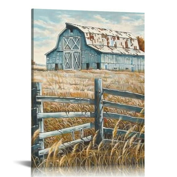 JRXY Farmhouse Canvas Wall Art Framed Landscape Painting Teal Old Barn Rustic Country Farm Decor Picture for Bedroom Living Room Ready to Hang 12x16 in