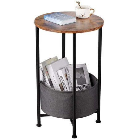26 Inch Height End Table Side Small Round Sofa With Removable Fabric Storage Basket Wood Accent Industrial Bedside Coffee Bedroom Nightstand Dark Canada Side Table Small Round Sofa, Round Accent Table With Storage