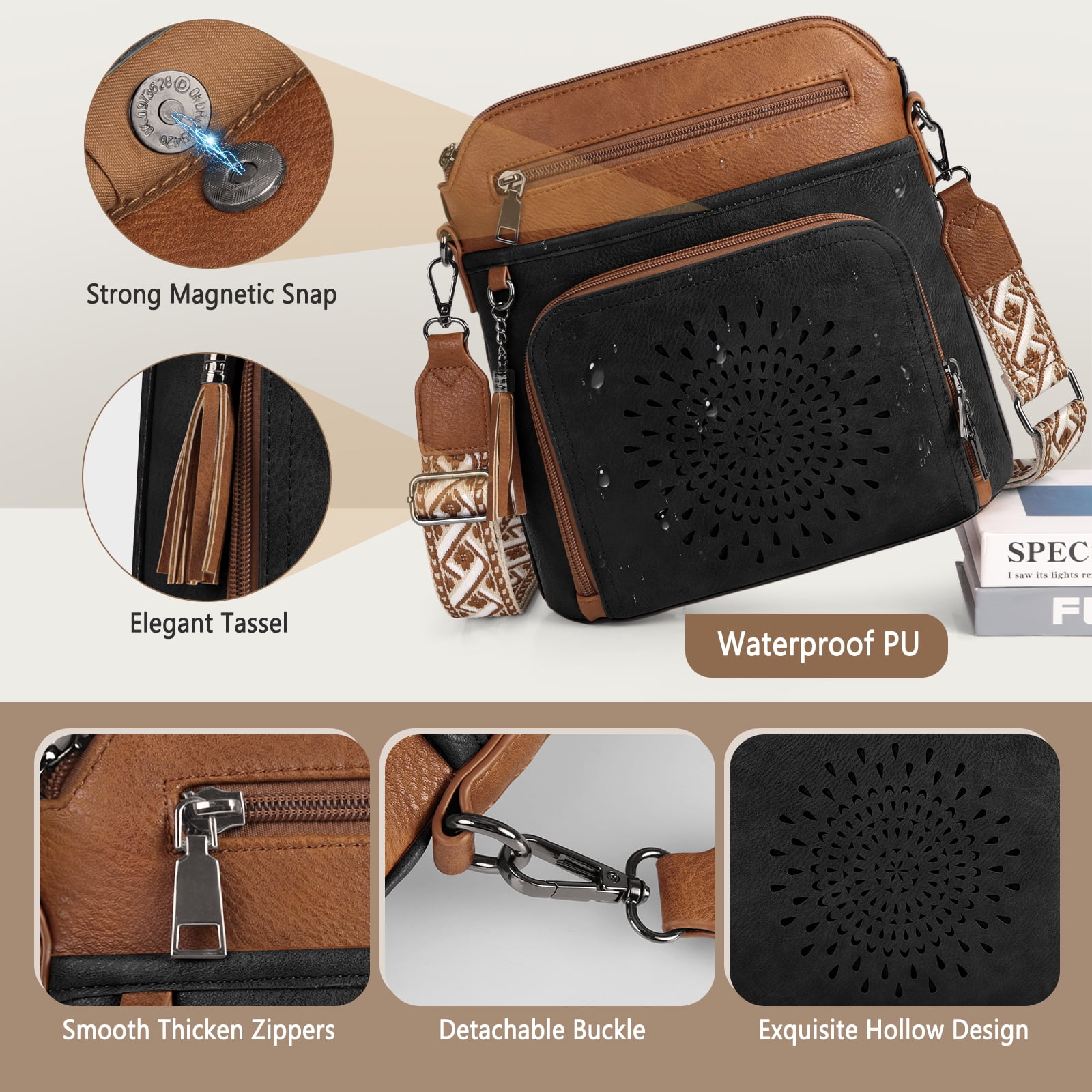RAINSMORE Crossbody Bags for Women Leather Crossbody Purse Designer Womens Shoulder Handbags Trendy Cross Body Purse,BlackBrown
