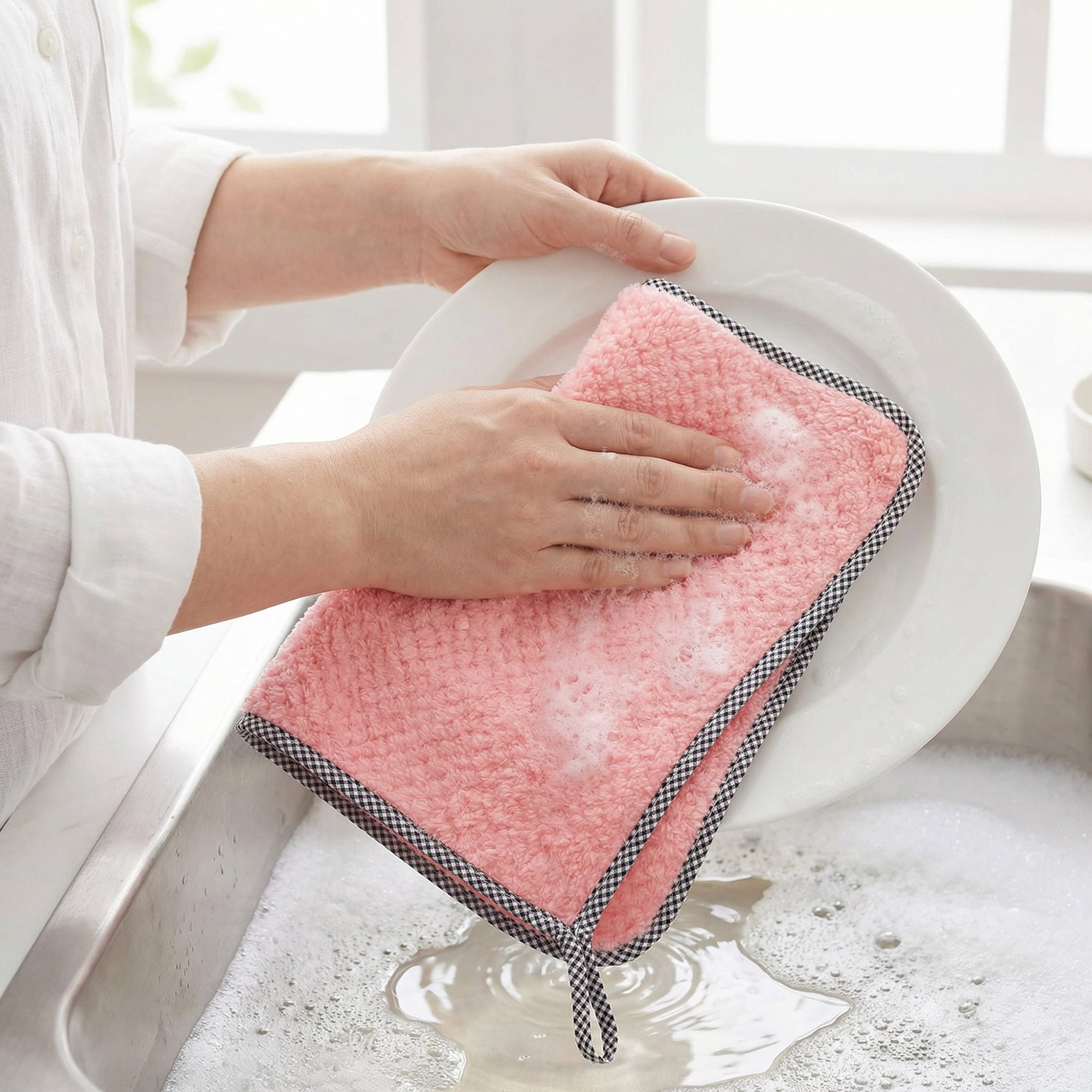 Unique Bargains 3Pcs Hanging Microfiber Reusable Kitchen Dish Cloths Pink 10" x 10"