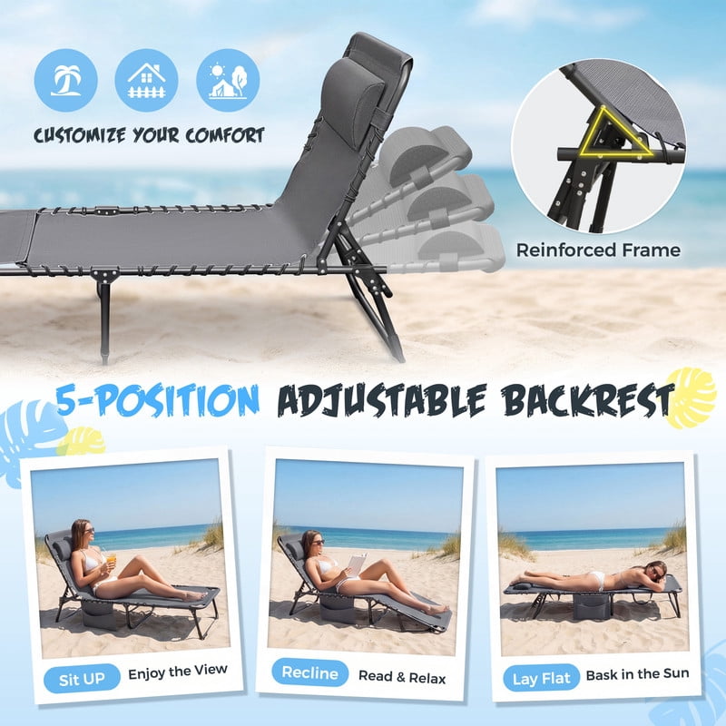 Lacoo Teslin Foldable Lounge Chair, Outdoor Chaise Lounge with Sauna, 5-Position Adjustable Beach Chair, Gray