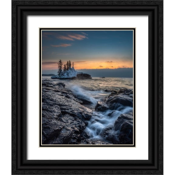 Jaynes Gallery 26x32 Black Ornate Wood Framed with Double Matting Museum Art Print Titled - Minnesota-Lake Superior Lake waves and rocks at sunrise