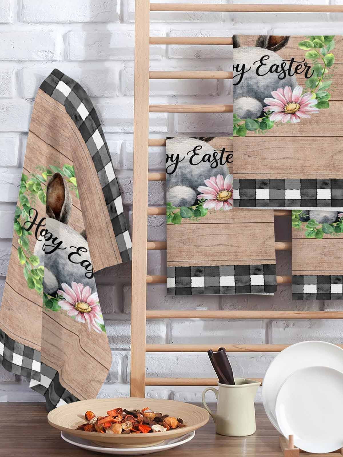 Grey Easter Kitchen Dish Towels for Drying Dishes Set of 3, Spring Watercolor Bunny Flower Leaf Wood Grain Waffle Weave Microfiber Hand Tea Bathroom Towels Quick Dry & Absorbent Towel 15.7x23.6