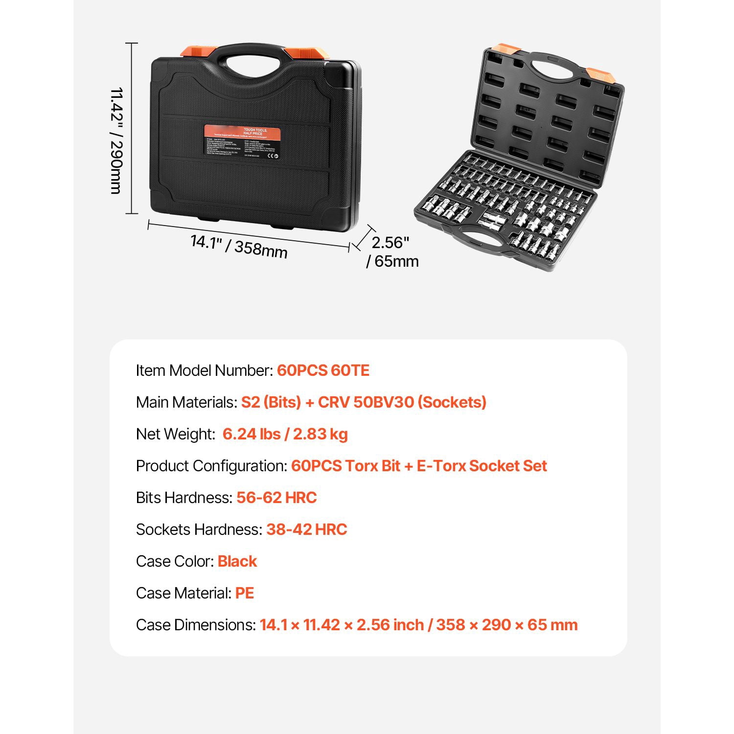 60-Piece Torx Bit Socket Set with E-Torx, Torx, Tamper-Proof Torx, Torx Plus, S2 Alloy Steel, CRV Chrome-Plated, Durable PE Case