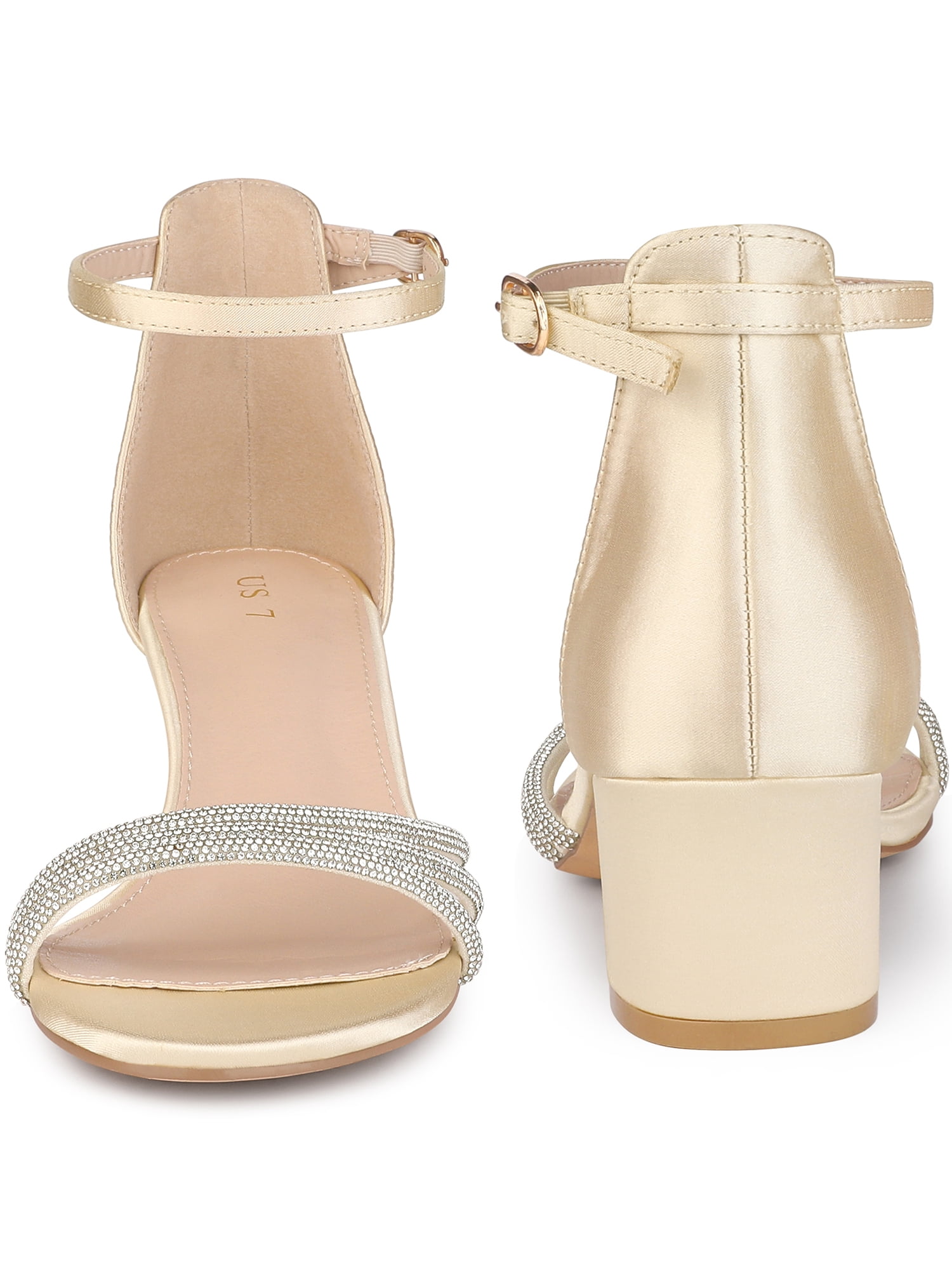 DARING DIVA Satin Rhinestones Open Toe Chunky Heel Sandals for Women Champagne 7.5