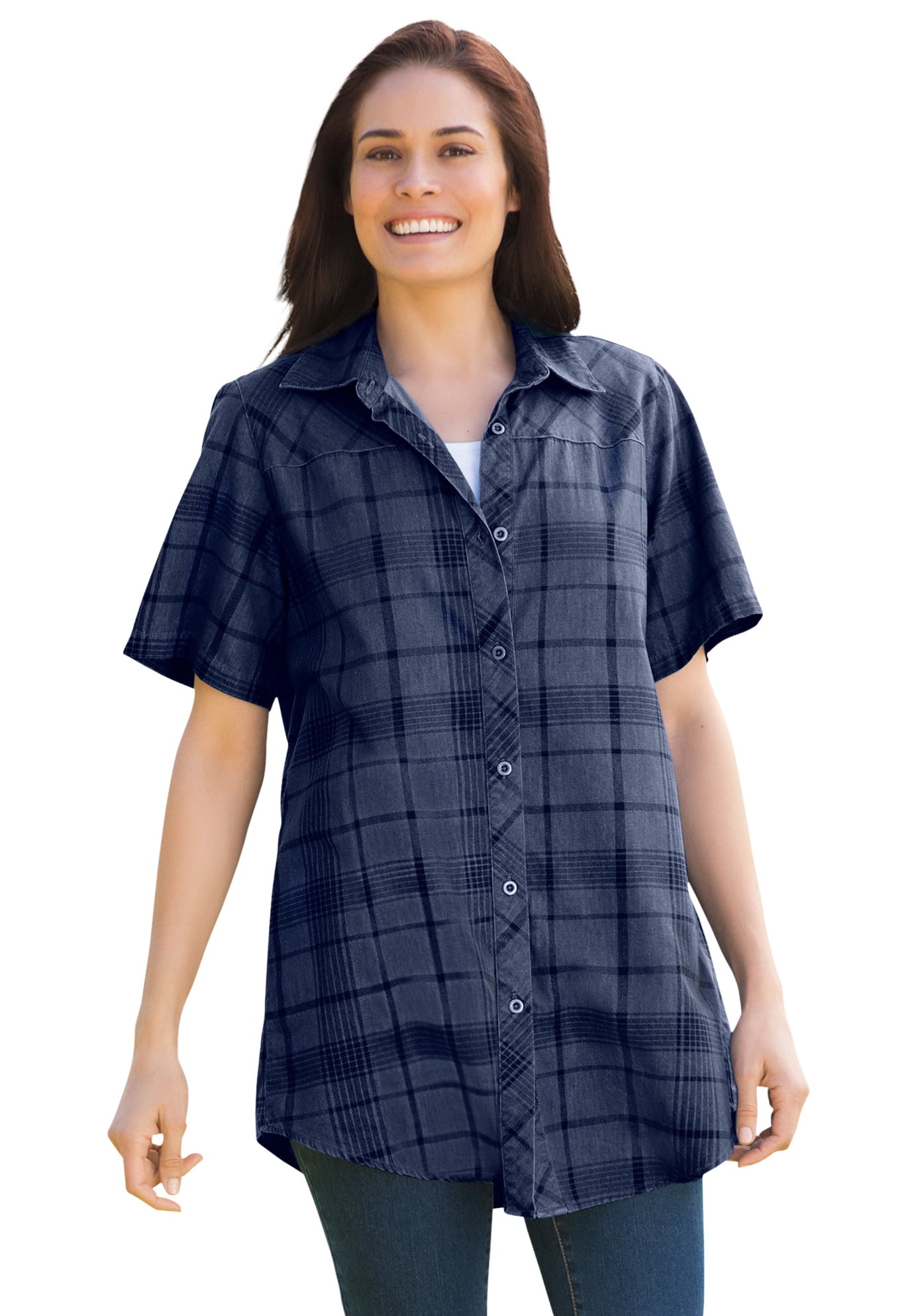 Plus Size Short-Sleeve Denim Shirt 