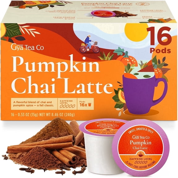 Gya Tea Co Pumpkin Chai Latte Tea Pods Gift Set Caffeine-Free Keurig Compatible 16 Count