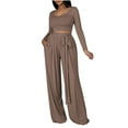 thumbnail image 4 of Enjoytime Outfits for Women 2 Piece Sets Solid Color Long Sleeve Cropped Tops Wide Leg Pants Loungewear Travel Matching Set 2025 Clothes, 4 of 8