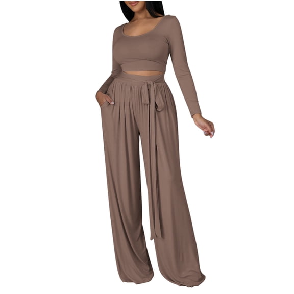 Women's 2 Piece Sets Fall Casual Outfits Long Sleeve Crop Tops Wide Leg Palazzo Pants Matching Tracksuits, M