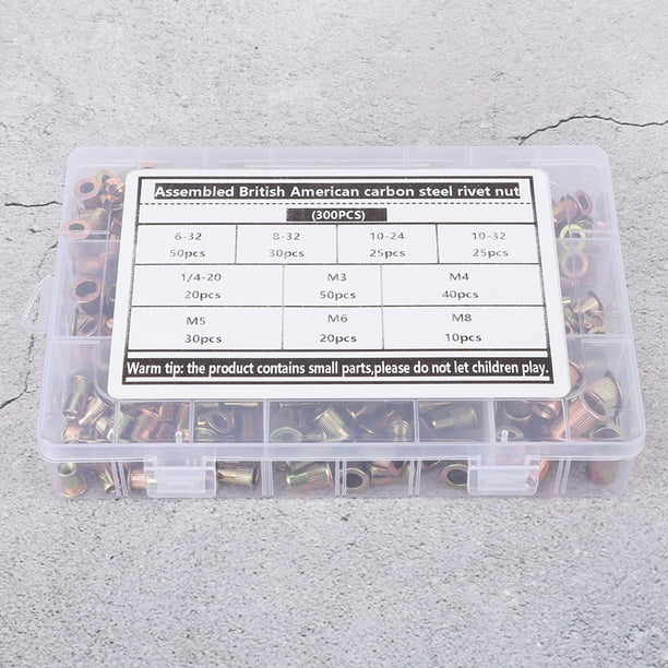 Kit ensamblado de 300 tuercas remachables de acero al carbono con superficie galvanizada en color, sistema métrico en pulgadas