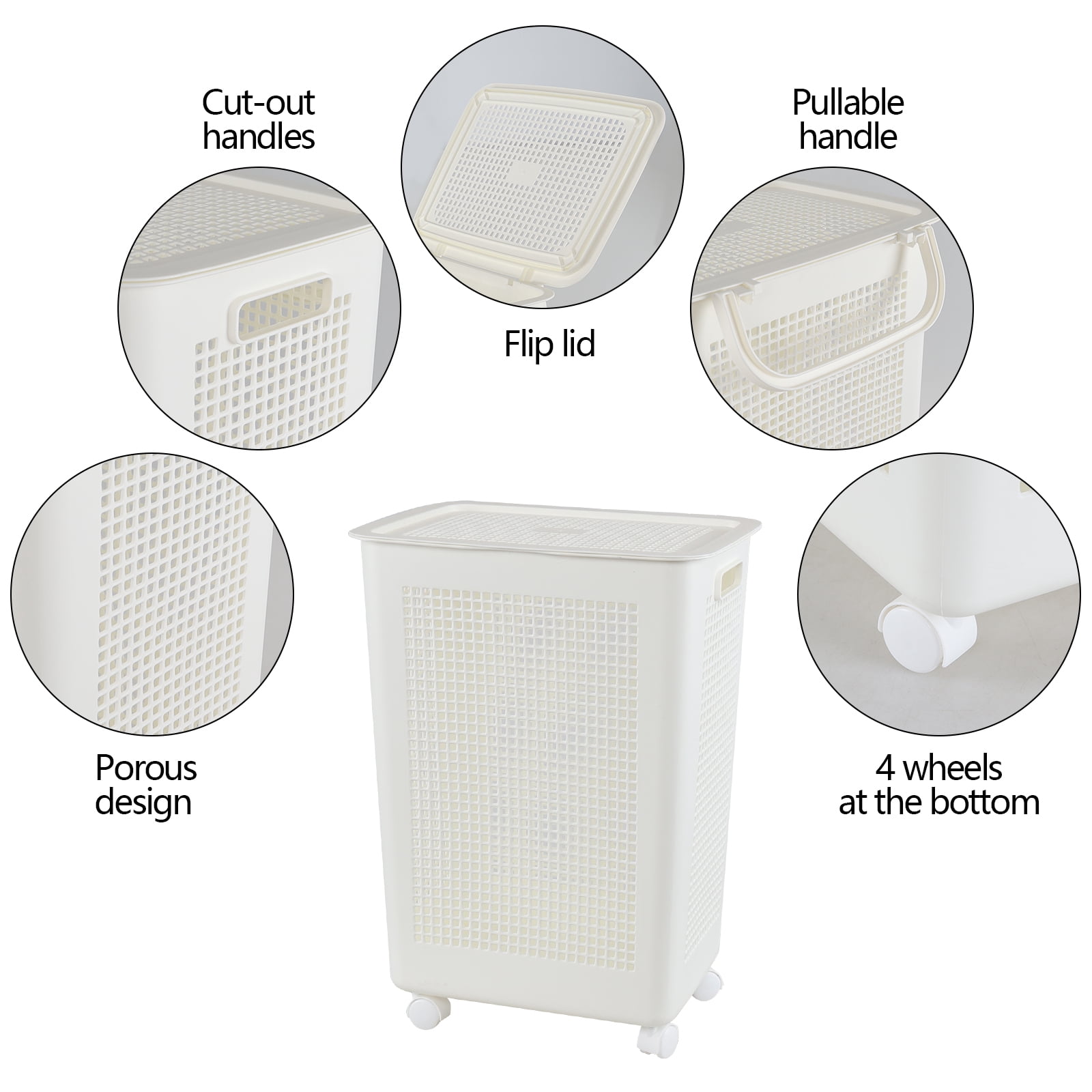 Ewingger 4 Pack 58 L Laundry Basket with Lid and Wheels, Large Plastic Dirty Clothes Hamper, White