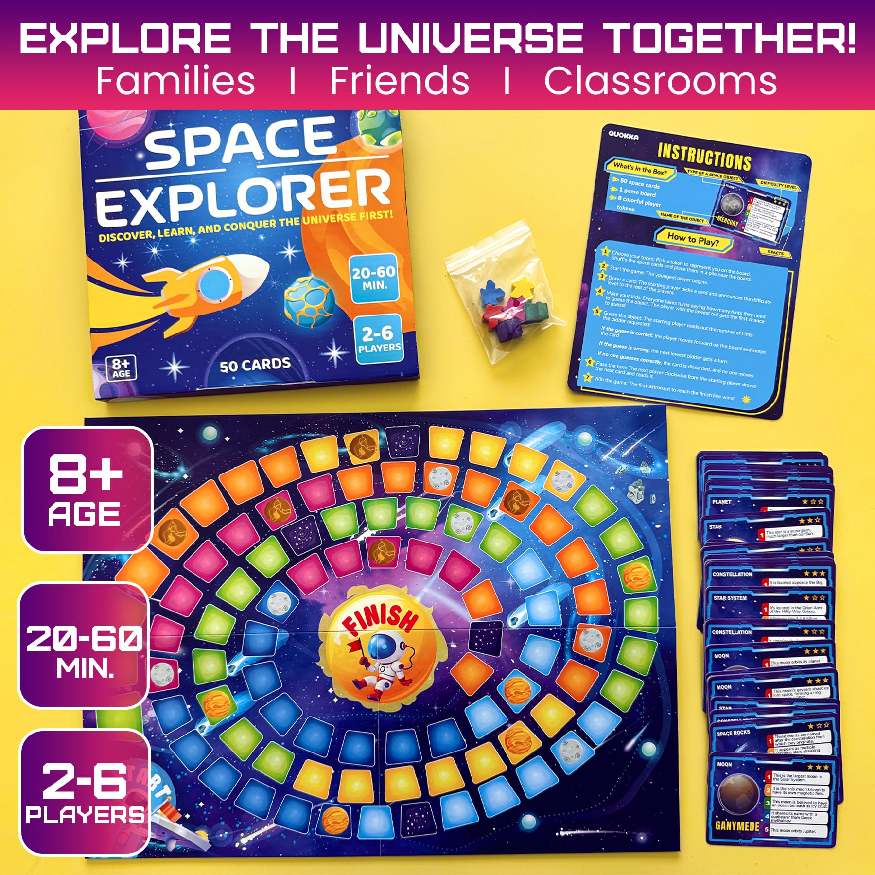 Quokka Board Game for Kids Ages 8-12 - Space Trivia Game for Kids - Learning Planets Moons Facts Educational Family Games