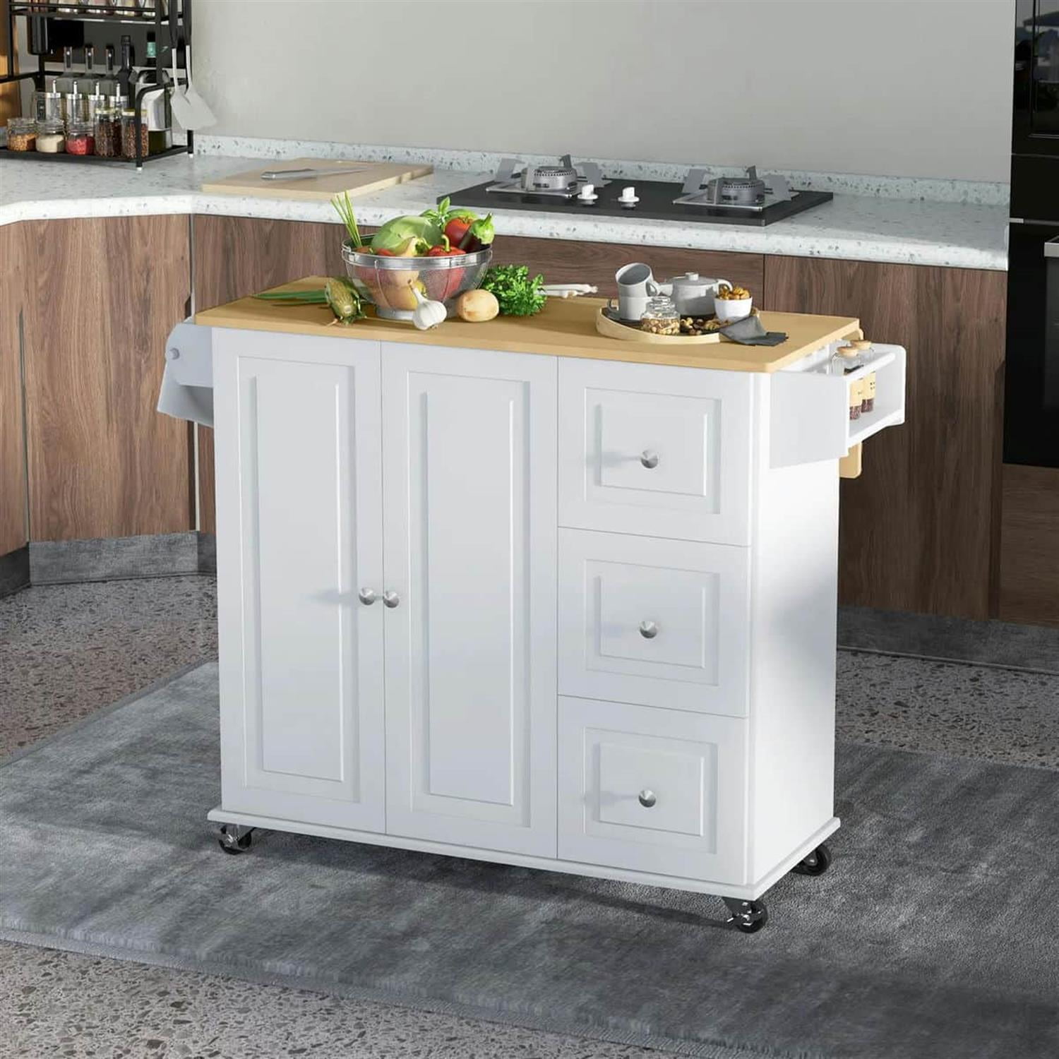 Demi Bonn 45" Kitchen Island with Drop Leaf, 3-Drawer Storage, Spice Rack, Towel Holder, Modern Rolling Cart for Kitchens, White