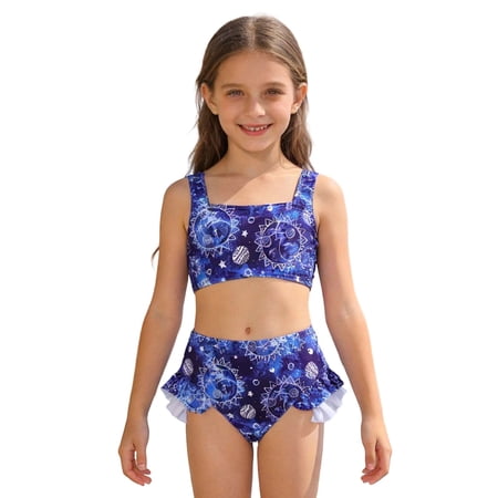 Shadoumai Girls Swimsuit 2 Piece Bikini Set Tiered Ruffled Bathing Suit Two Piece Girls Swimwear with Adjustable Straps