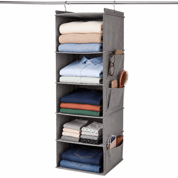 5-Tier Hanging Closet Organizer with 2 Side Pockets, Foldable Fabric Storage Shelves with Reinforced Steel Frame, Breathable Clothes Rack for Bedroom, Dorm Room and Laundry Room, Gray