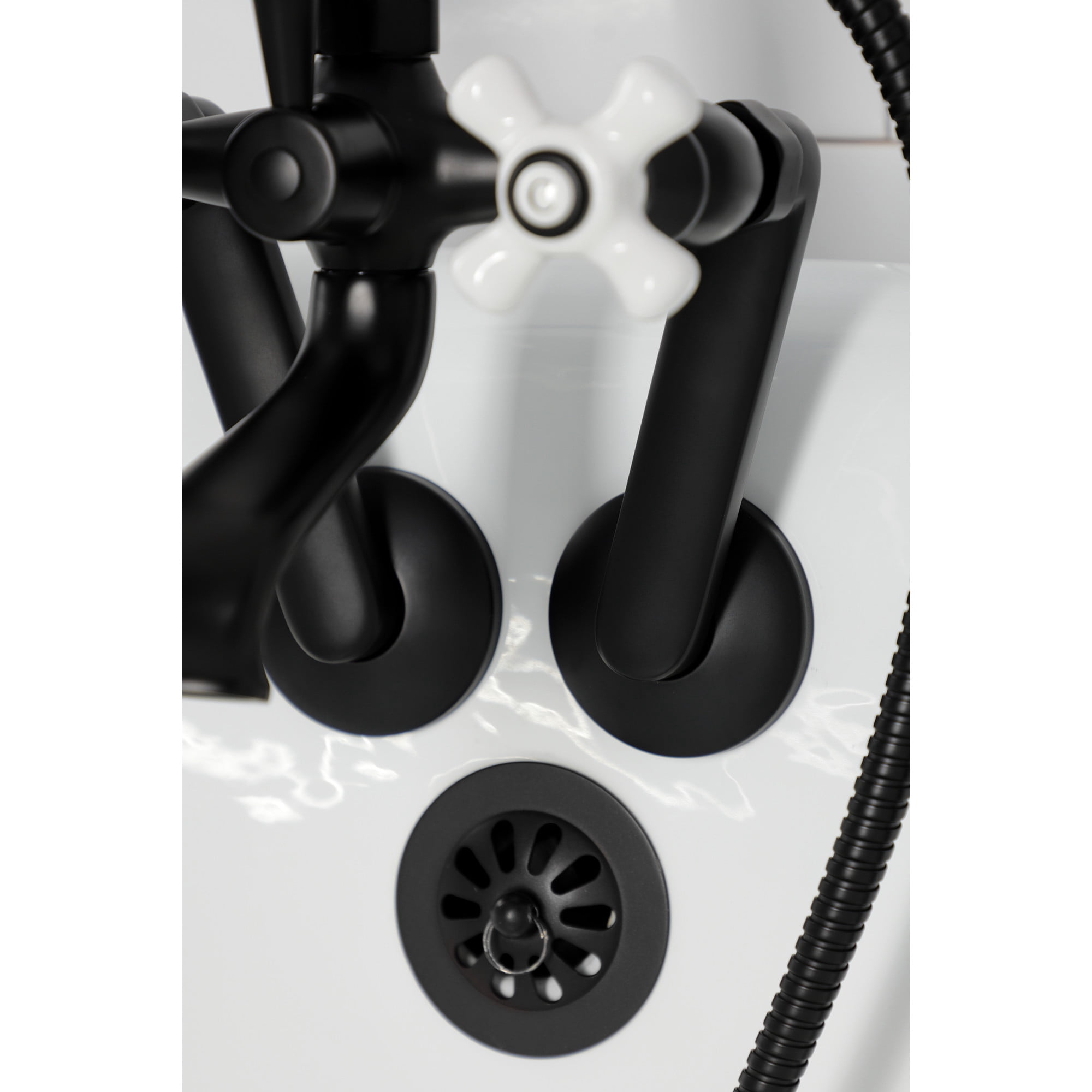 Kingston Brass KS269PXMB Kingston Three-Handle 2-Hole Tub Wall Mount Clawfoot Tub Faucet with Hand Shower in Matte Black
