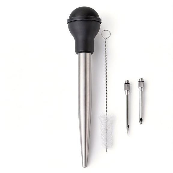 Stainless Steel Turkey Baster for Cooking - Food Grade Metal Baster Syringe & Silicone Suction Bulb - Large Size With 2 Detachable Needles and Cleaning Brush
