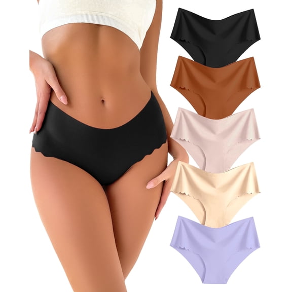 CuteByte Seamless Underwear for Women No Show Bikini Briefs Cheeky Scalloped Edge Ladies Panties 5 pack M