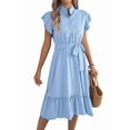 thumbnail image 2 of Women'S Summer Casual Dresses Cap Ruffle Sleeve Button Belted Midi Dress Light Blue M, 2 of 9