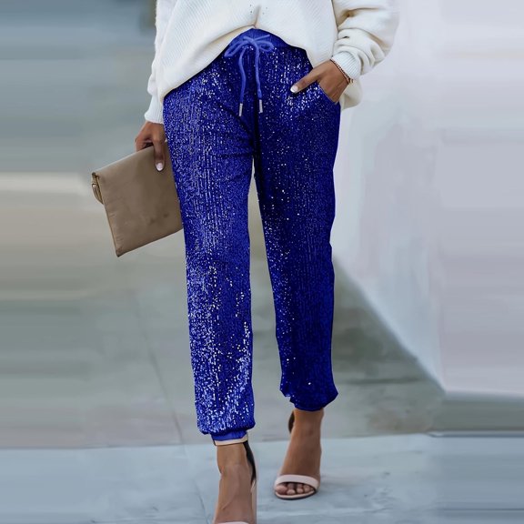 Juslio Womens Pants High Waist Sequin with Pockets High Elastic Drawstring Straight Pants