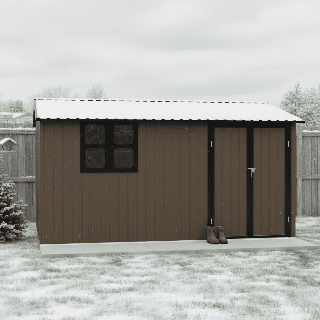 Mintazer 12×10 Ft All-Weather Metal Outdoor Storage Shed with Goods Shelves, Large Garden Tool Storage Building with Window for Backyard Lawn Patio, Brown