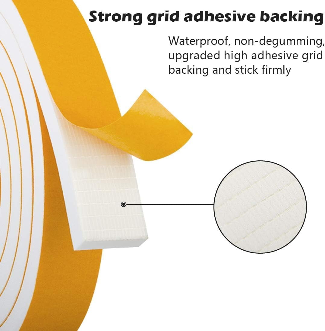 White Door Window Weather Stripping Self Adhesive Foam Tape High Density Foam Sealing Strip Window Insulation Weatherproof Gasket Tape 1" Wide X 1/4" Thick, 16.5 Ft X 2 Rolls, Total 33 Feet