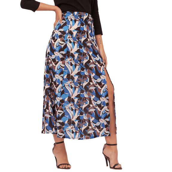 Moomaya Printed A-Line Skirt With Slit For Women, High Waist Midi Skirts