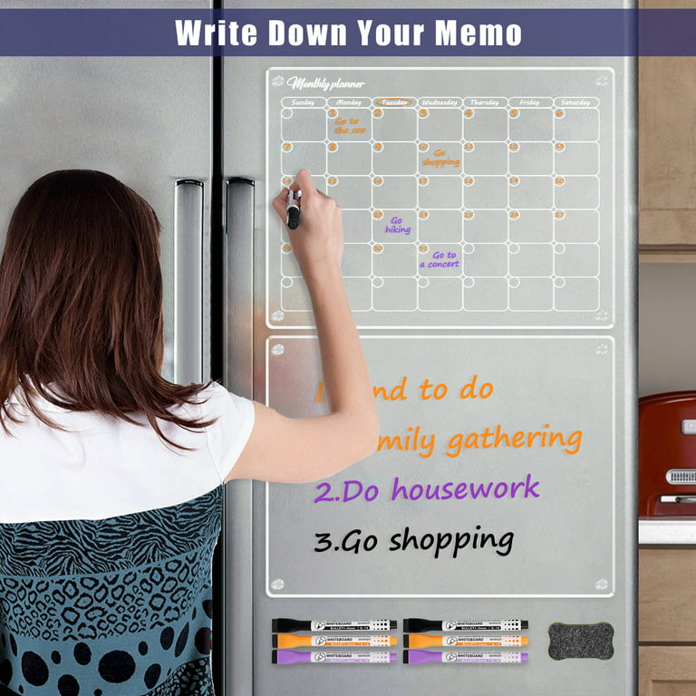  YeWink Magnetic Dry Erase Calendar Board for Fridge, 16”x12  Clear 2 Set Acrylic Planner Board for Refrigerator, Reusable Whiteboard  Includes 6 Markers 3 Colors : Office Products