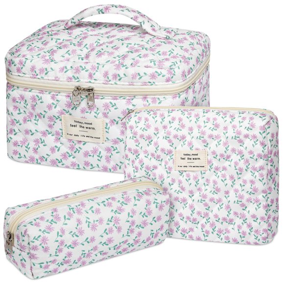 Bolsa de maquillaje Senbowe Floral, 3 unidades, tamaño grande, acolchada, de algodón