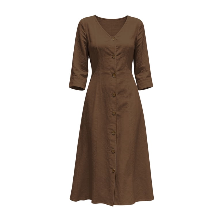 birthday dress curvy asdoklhq Plus Size Dresses For Women Cotton Trendy Loose Casual Three-Quarter Sleeve V-Neck Dress With Pockets Brown 2X setitem-18726-18728 size:0 Length Measured Flat = Ankle Length Ruffle Side