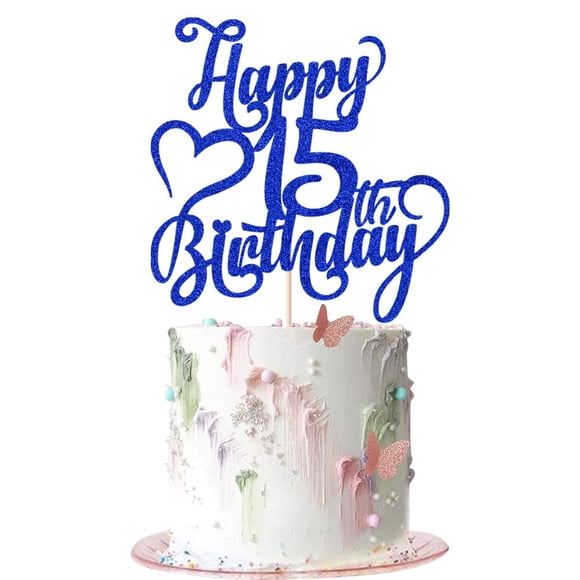 Topper para pastel AROKIPPRY azul con brillo Feliz 15.º cumpleaños