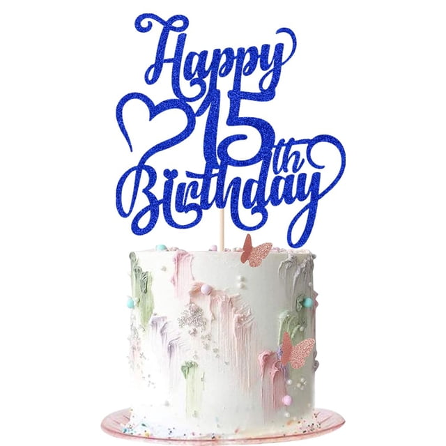 Topper para pastel AROKIPPRY azul con brillo Feliz 15.º cumpleaños