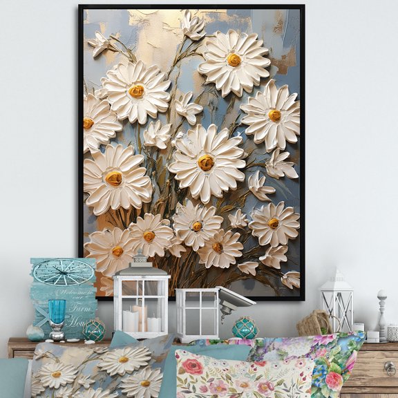 Designart "Elegance Of White Daisy Blooms X" Daisies Floater Framed Canvas Wall Art