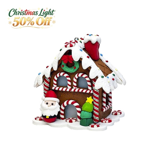 Light Up Gingerbread Themed House Ornament, PVC Warm LED Hanging Decoration for Christmas Tree, Tabletop Mantel Shelf Christmas Village Home Holiday Display