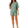 thumbnail image 2 of INSPIRE CHIC Women's Lounge Outfits Casual Round Neck Shorts Sleeves Ribbed Tops with Shorts Pajama Sets L Green, 2 of 6