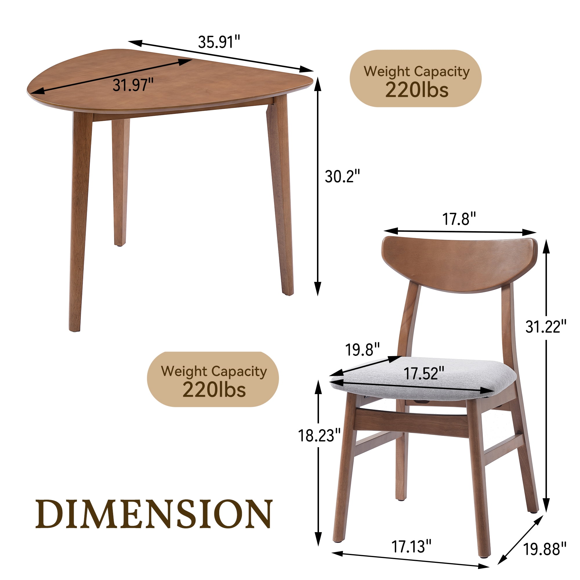 GARITIN 3-Piece Modern Table Set, Triangular Side Table & 2 Curved Wood Chairs, Minimalist Space-Saving Dining Set for Living Room Kitchen Small Space, Light Brown