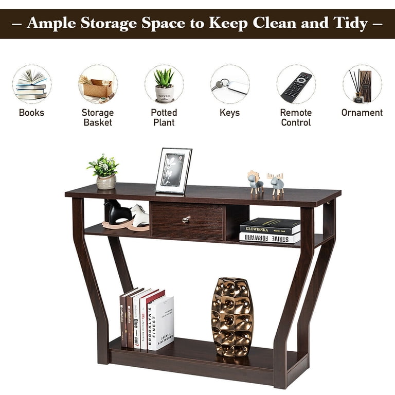 Costway Modern Console Table with Drawer and Shelves, Brown photo 5